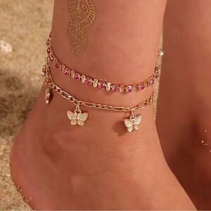 Butterfly Charm Anklet Set with Pink Accents